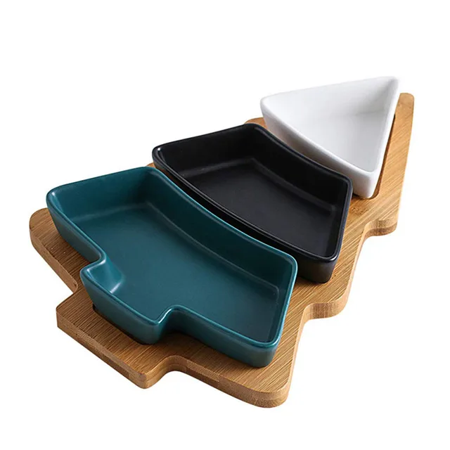 Bamboo Christmas Tree Shape Table Tray Jewelry Plate  Three Removable Ceramic Dish Special Shaped Plate For Festivals