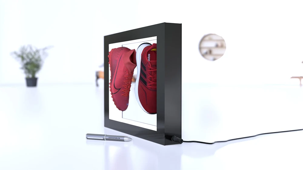 Customize  Acrylic Magnetic Floating Levitation Two Shoes Display Stand for Reseller Shoe Store Advertisement