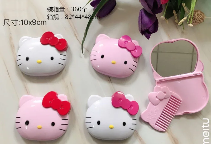 Compact Cartoon Mini Makeup Handheld Mirror With Comb Set Kitten