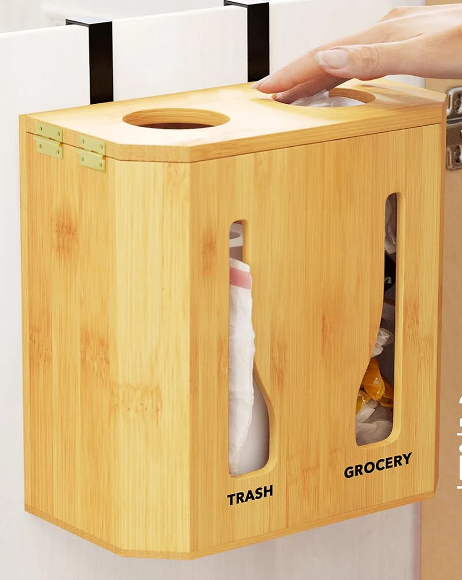 product 2 in 1 bamboo trash bag dispenser grocery bag holder cabinet wall mount plastic bag organizer large capacity under sink storage-0