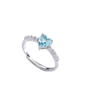 Custom Rings Jewelry Adjustable Women Zirconia Blue Heart Cz Solid 925 Sterling Silver Ring