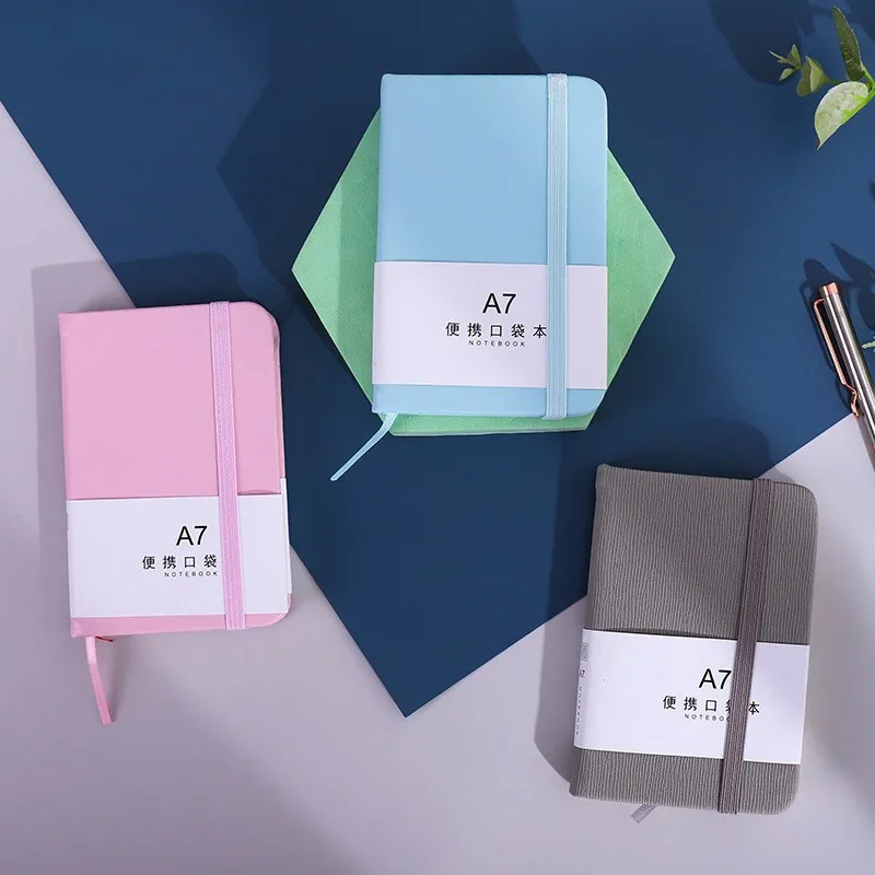 A7 Solid Color Leather Notebook Mini Pocket Portable Journal Notepad Dairy Notebook with Elastic Band