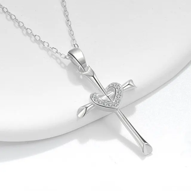 925 Silver Jewelry Christian Elegant Gold Plated Zircon Heart Cross Pendant Necklace For Women