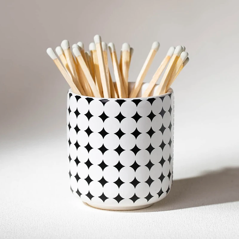 YUANWANG Customized Decal Pattern Ceramic Match Striker With Striker Matchstick Jar With Bamboo Lid