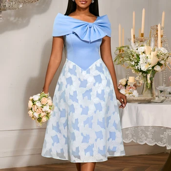 AM050558 Elegant Cold Shoulder Floral Jacquard a Line Light Blue Midi Formal Women's Evening Dresses with Bow