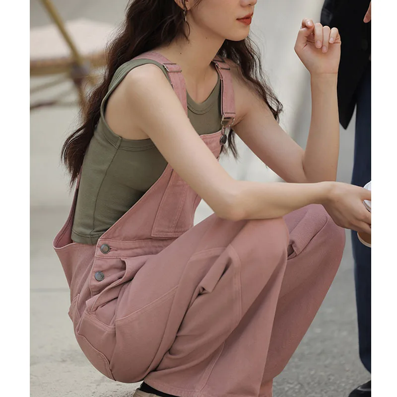 Pink Shoulder Strap Side Buttons Casual Fashion Women Jumpsuit Overall