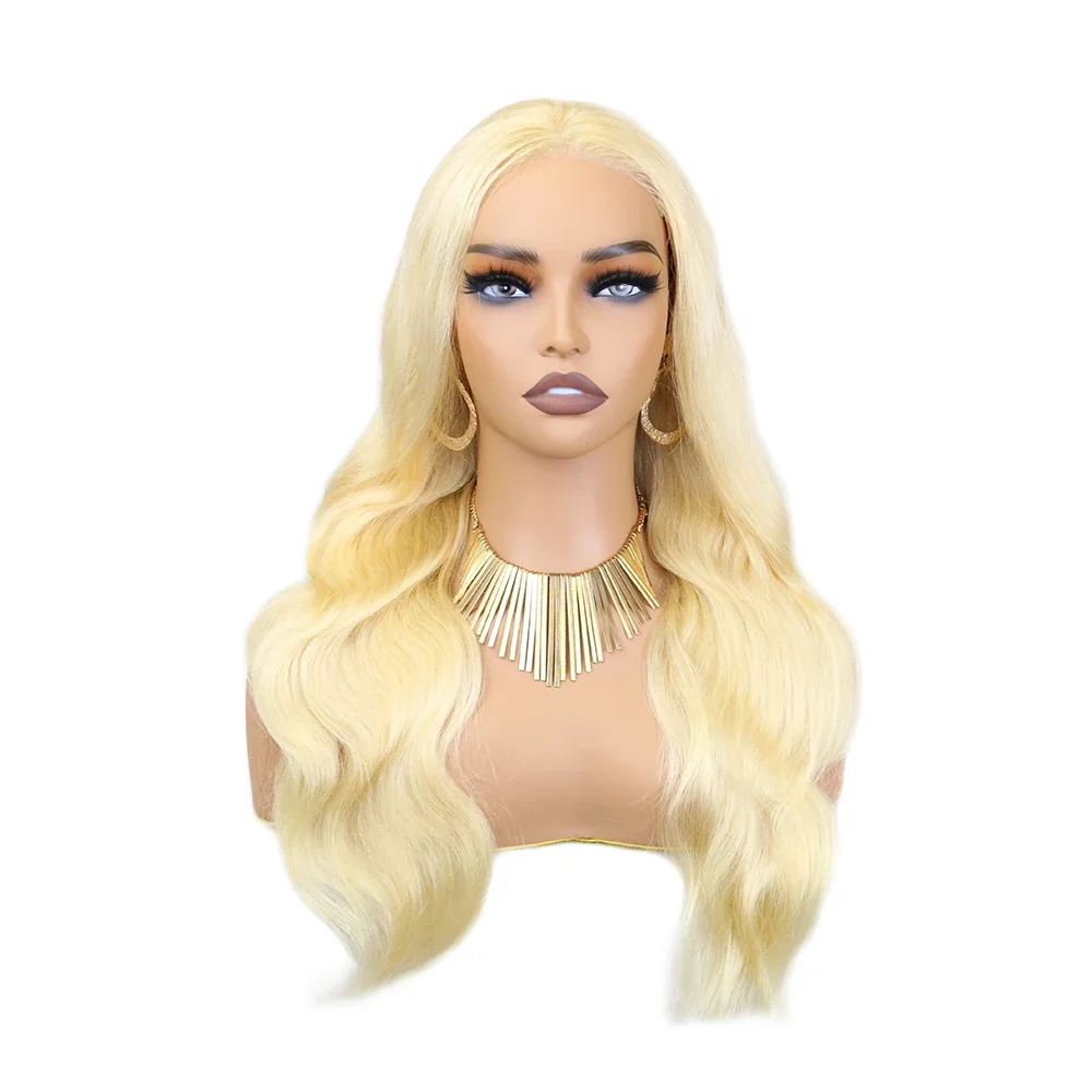 613 Loira Onda Corporal Peruca de Cabelo Humano Pré-cortado Fechamento de Renda Frontal Sem Cola 150% Densidade_voghion.com