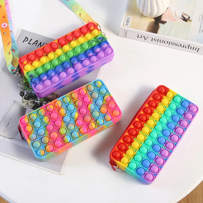 Portable Large Capacity Simple Relief Sensory Fidget Rainbow Pop Bubble School Decompression Toy Silicone Pencil case for Kids