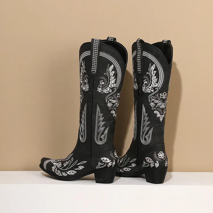 Hot Selling Female Floral Embroidery Knee High Boots Pointed Toe Women Chunky Heel Rhinestone Western Cowboy Boots - Image 6