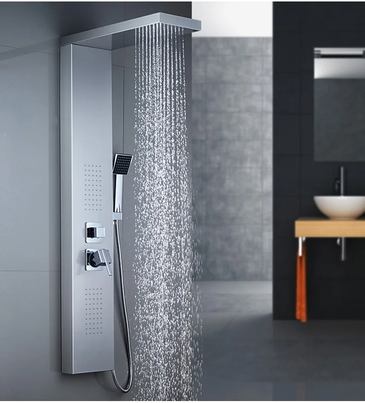 rovate廉价壁挂式黑色淋浴柱浴室淋浴不锈钢多功能雨量淋浴板