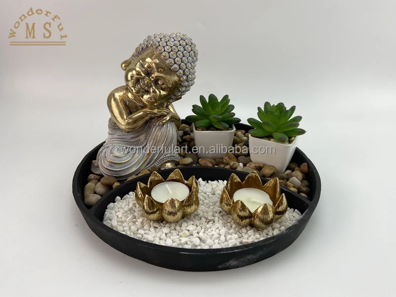 Gold resin zen tealight holder laughing buddha figurine ceramic sand garden box kit religious home decoration office desktop