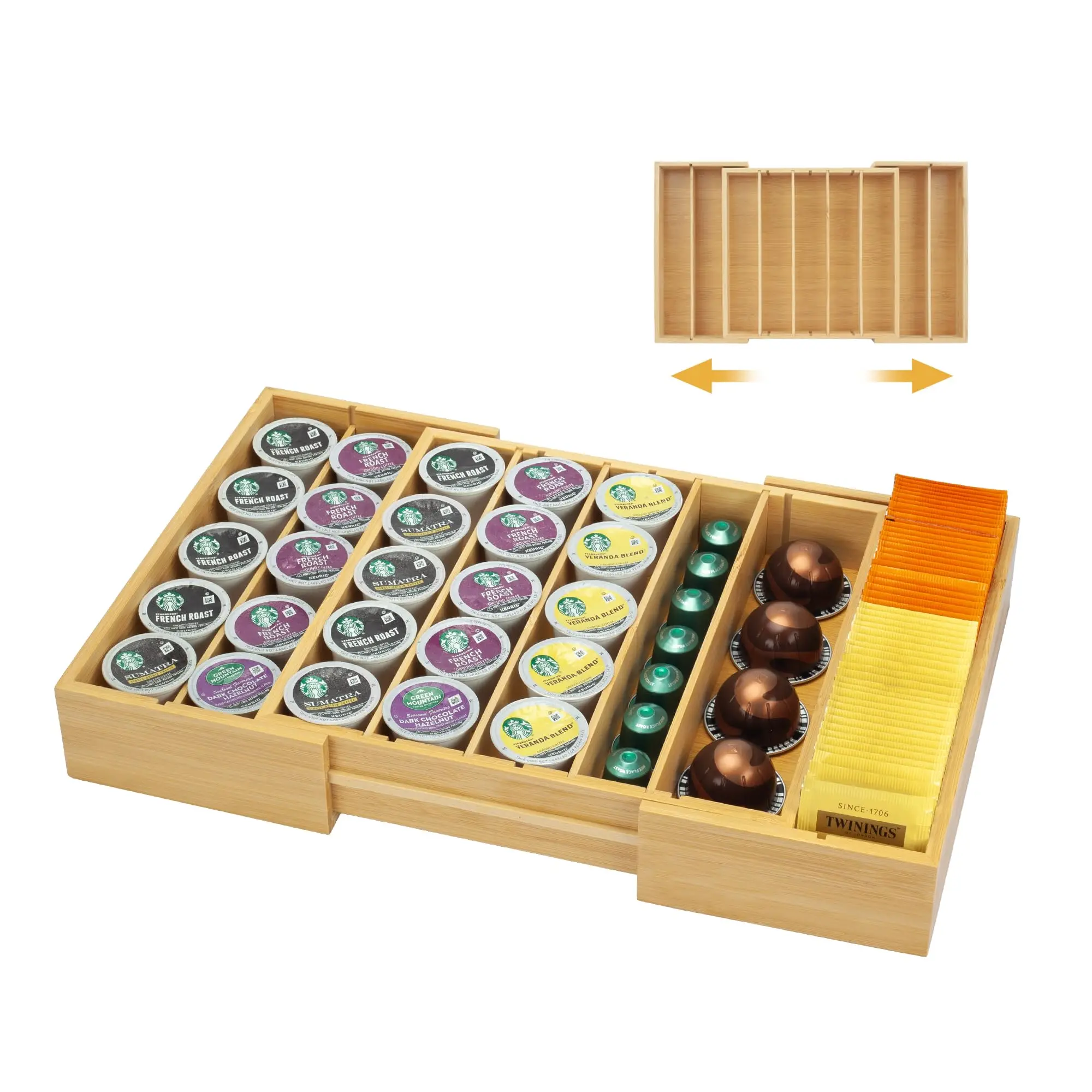 product modern bamboo k cup holder drawer organizer expandable countertop coffee bag storage stand for office or kitchen use-6