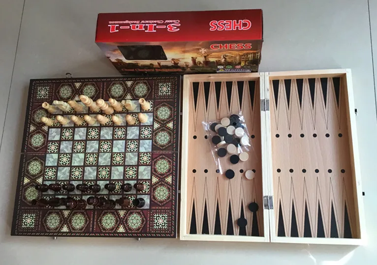 Wooden Chess Game Set 3 in 1 Checkers Chess Backgammon Travel Chess Set Foldable Chessboard