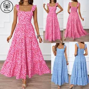 Wholesale Good Quality Square Collar Shirred Clothing Women Casual Wear Summer Pink Floral Dresses