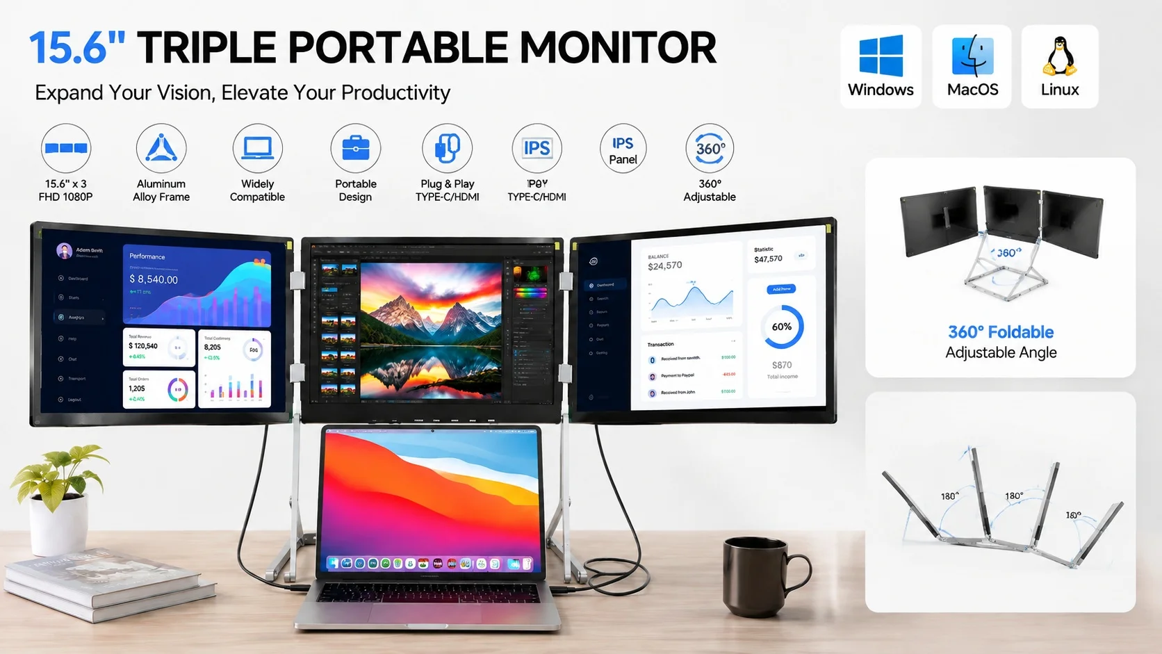15.6" Aluminium Triple Folding Monitor (1080P / 2.5K Optional) detail 1