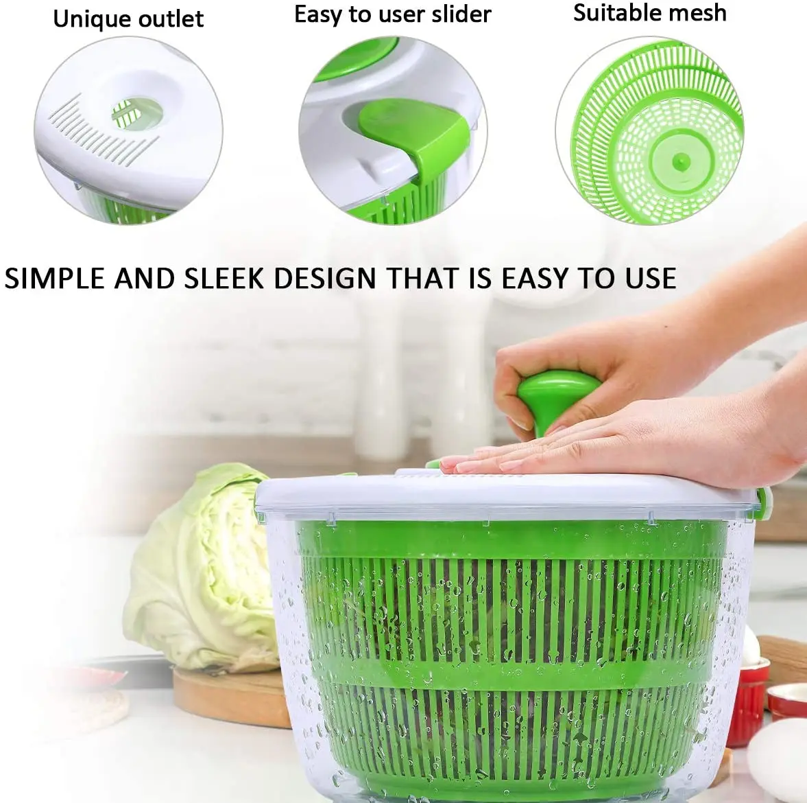 Large Salad Spinner With Free Silicone Tongs - 5 Qt Manual Lettuce 