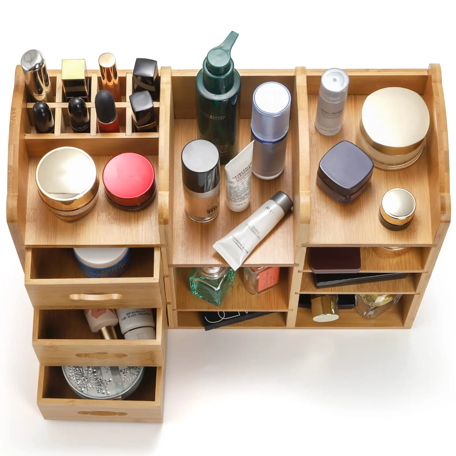 Bamboo Makeup Cosmetics Organizer with Drawers Multifunctional Dresser Top  Makeup Storage Tabletop Organizer Shelf for Desktop