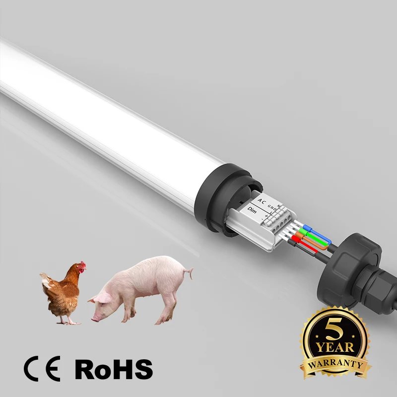 Светодиодная трубчатая лампа для птицы IP69K, корпус из алюминия и поликарбоната, защита от мойки и аммиака