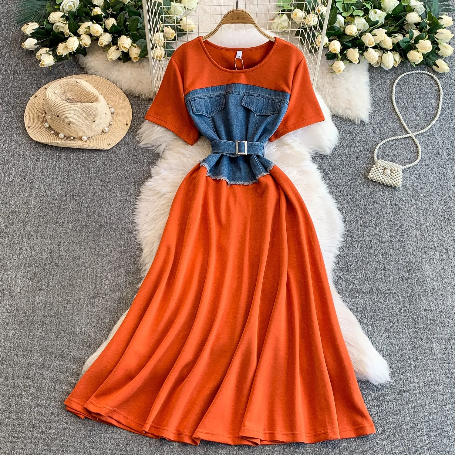 Rok Gaun Musim Panas untuk Wanita, Berbahan Denim Patchwork Rajutan, Lengan Pendek, Anti-statis, Berpinggang Tinggi, Membentuk Tubuh, Panjang Sedang