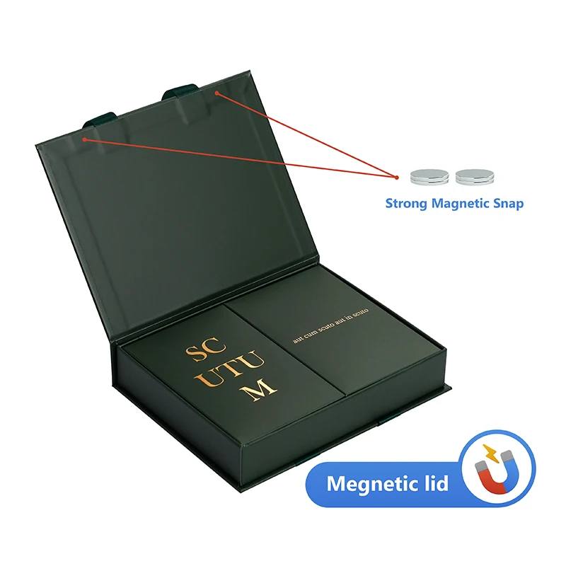 Luxury Matte Dark Green Magnetic Gift Box Silk Carry Handle Custom Gold Crest Logo Rigid Box for Jewelry Watch Gift Packaging