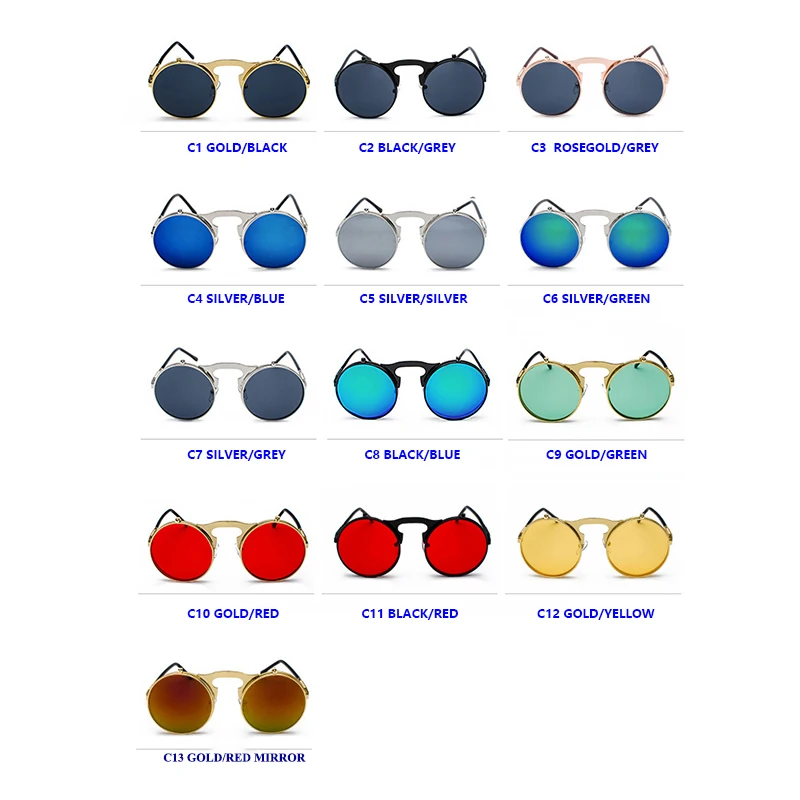 Classic Flip up Double Lens Metal Punk Glasses Round Steampunk Flip up Clip Vintage Sunglasses