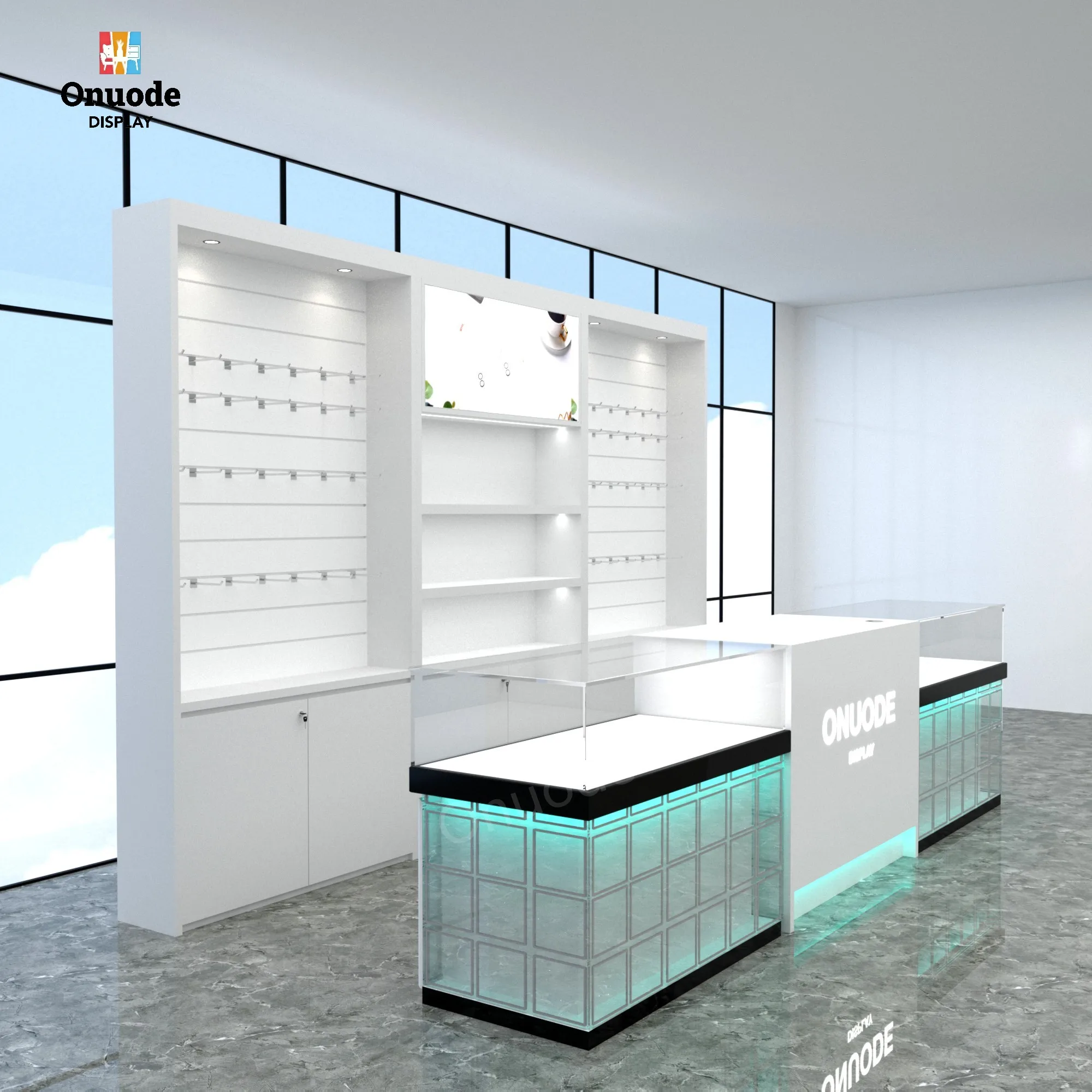 Store Front Counter Kiosk with LED Light Front Shelf Design for Cell Phone Display Showcase