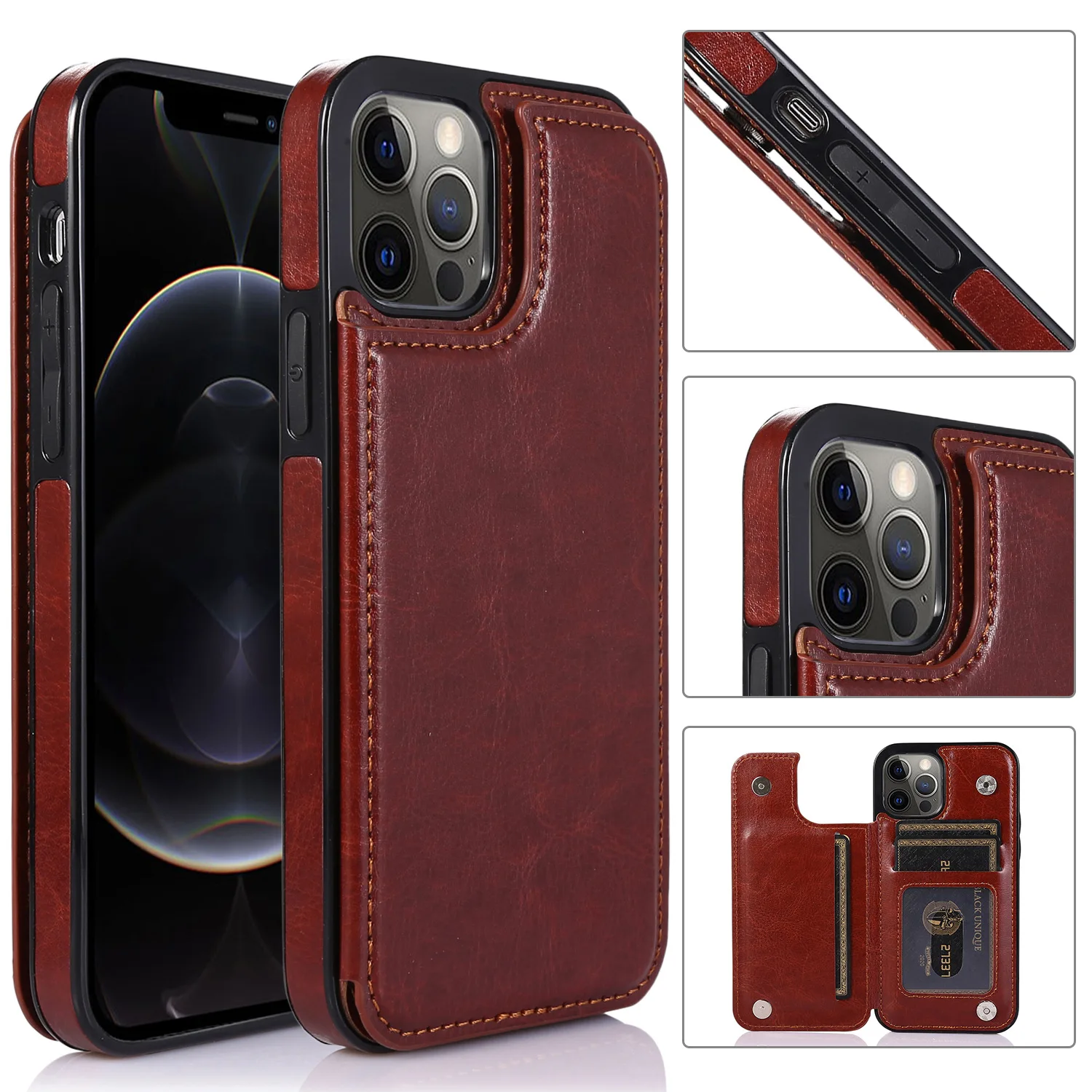 Laudtec Wallet Case with Card Holder PU Magnetic Clasp Leather Kickstand Card Slots Cover For iPhone 15