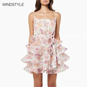 Women's Casual Summer Midi Dress Floral Halter Skirt Lace-up Waist Flounce Style Woven Breathable Fabric OEM Service Available