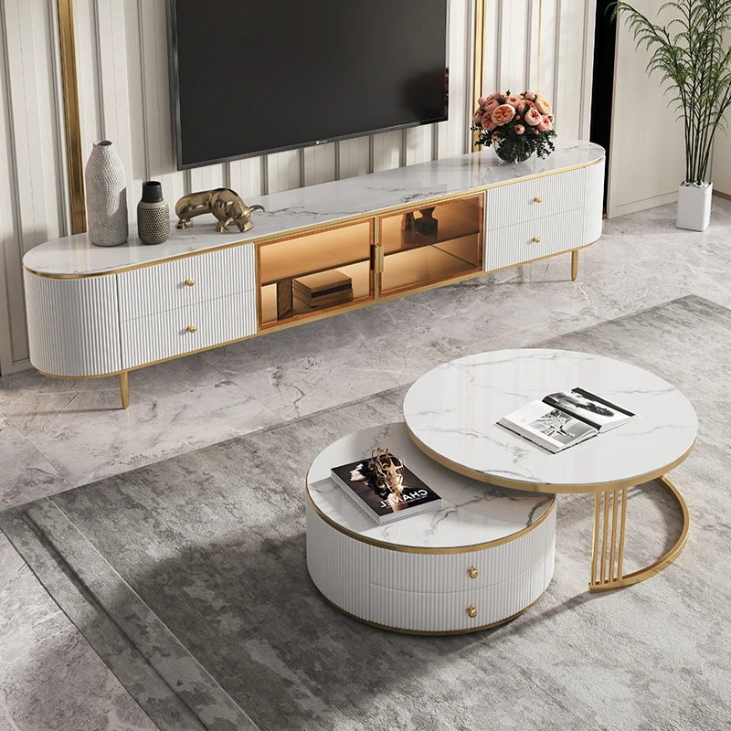 Luxury Gold Tv Console Stainless Steel Tv Stand Marble Top Solid Wood