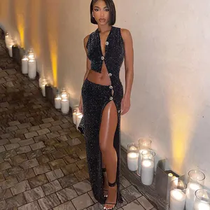 Glitter Sexy Long Black Party Maxi Dresses High Slit Elegant Women Cut Out Button Night Club Evening Party Bodycon Long Dress