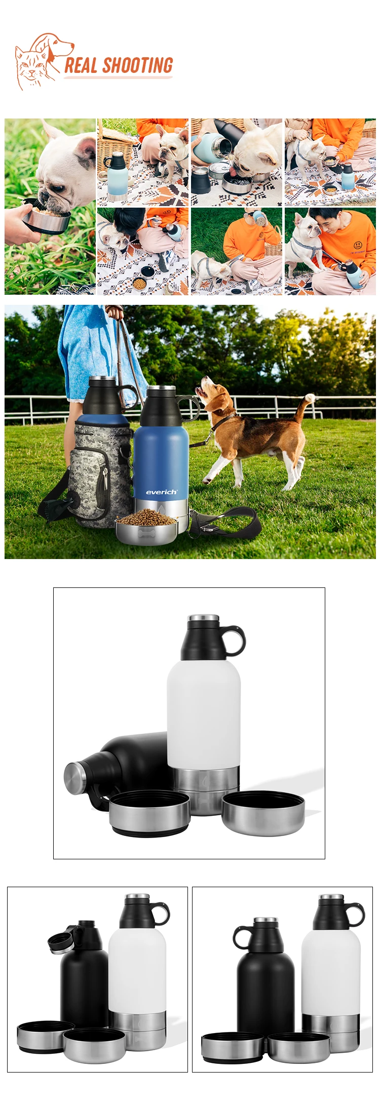 In Stock Dog Travel Water Bottle 3 In1 Pets Stainless Steel 32oz 64oz Double And Single Dog With
