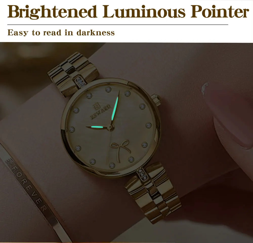 REWARD New Simple Thin Quartz Watches for Women Shell Dial with Rhinestones Clock Female Stainless Steel Band Wristwatch