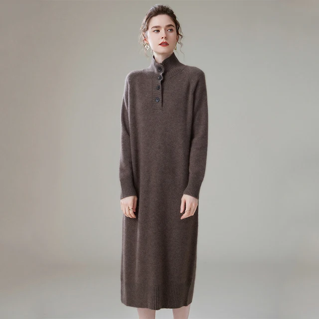 High Quality Autumn Winter Thick Maxi Cashmere Wool Dress Women's Elegant Solid Color French Style Knit Sweater Dresses