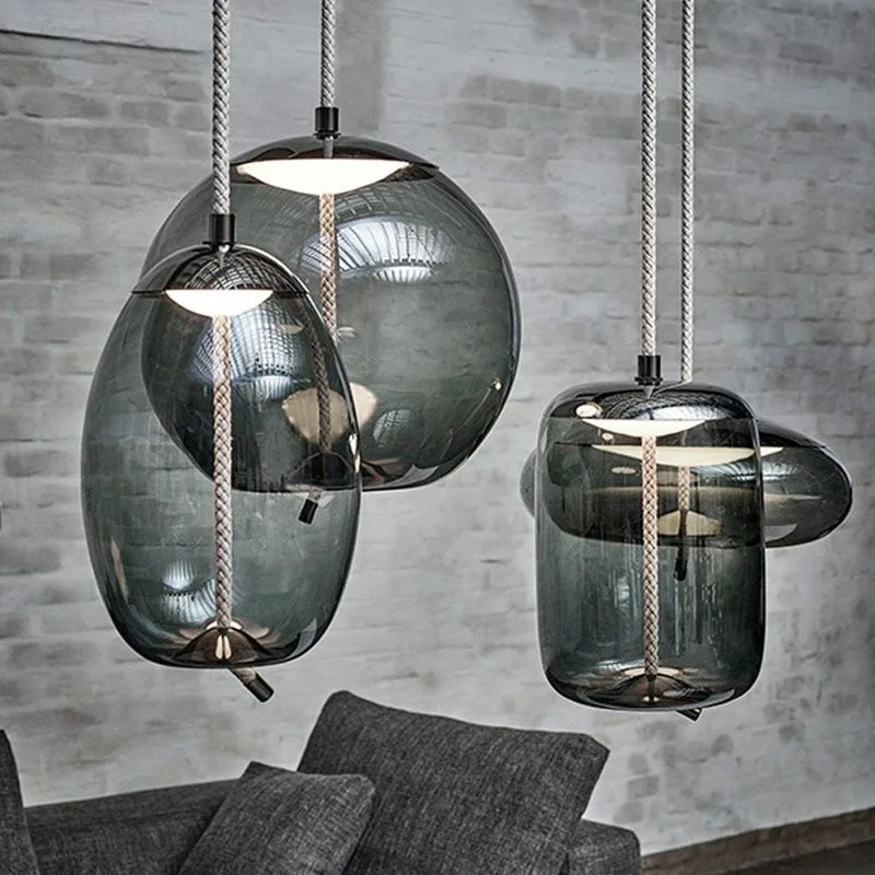 Simple Twisted Rope Glass Led Pendant Light Creative Smoke Gray Glass Kitchen Restaurant Chandelier