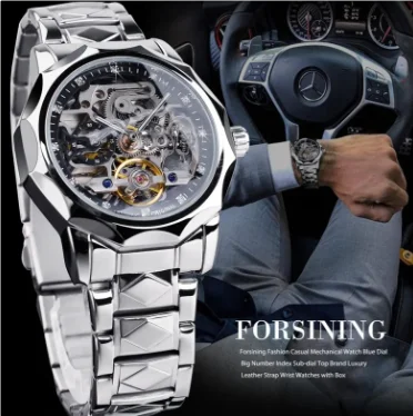 Forsining 199A Classy Design Skeleton Transparent Golden Stainless Steel Men's Automatic Mechanical Male Watch Limited Hot Sale