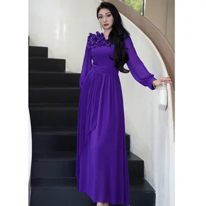 Factory Wholesale Three-dimensional Flower Long Dress Women Spring Autumn Lantern Sleeve Ruffles Pleated  Elegant Socialite