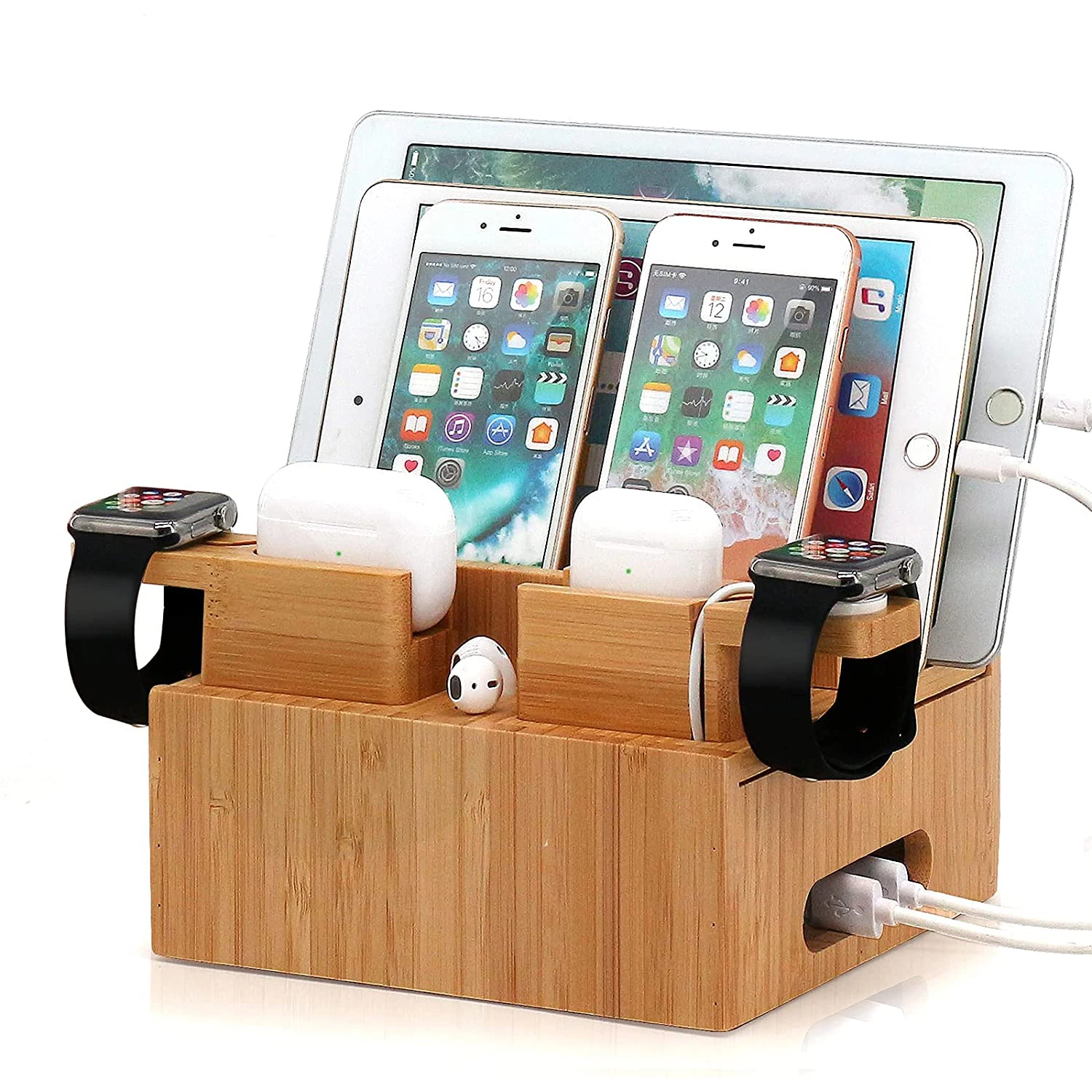 Бамбуковая зарядная станция органайзер для нескольких устройств с наушниками-вкладышами и подставкой часов настольные электронные устройства сотовых