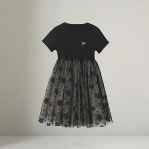 New Puffy Casual Cotton ODM Girls' Summer Black Knee-Length Dress for 8-12 Years Old