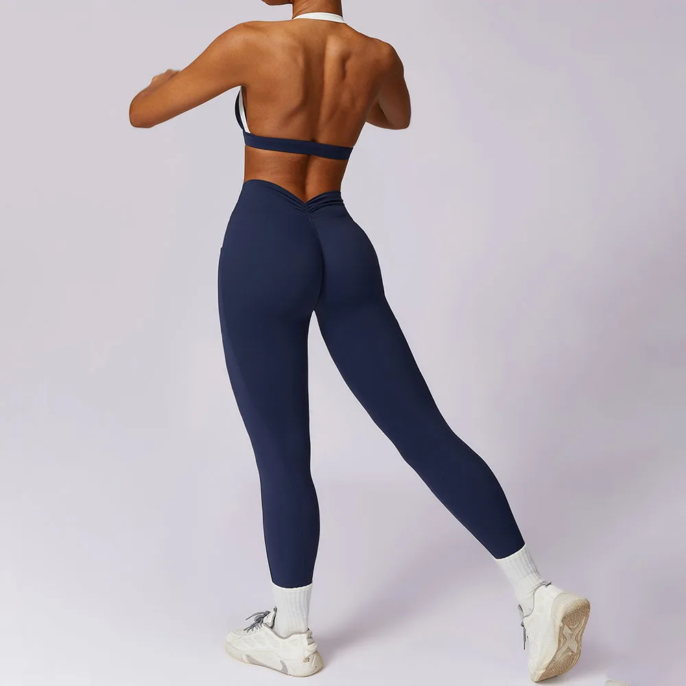 Custom Contrast Color Backless Sexy Sports Bra Halter Tops Seamless High Waist Yoga Pants Leggings Women Gym Fitness 2pcs Sets