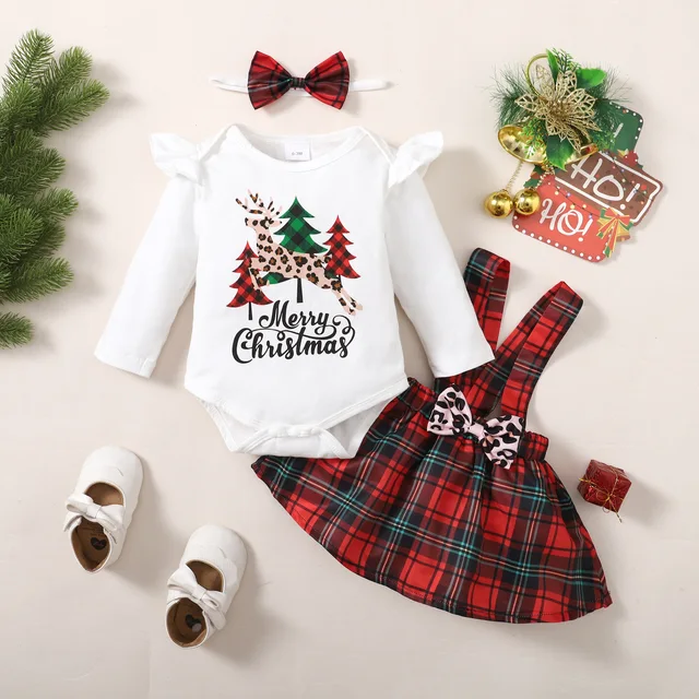 Girls Autumn and Winter Popular Christmas Print Long Sleeve Top + Plaid Suspender Skirt Three Pieces