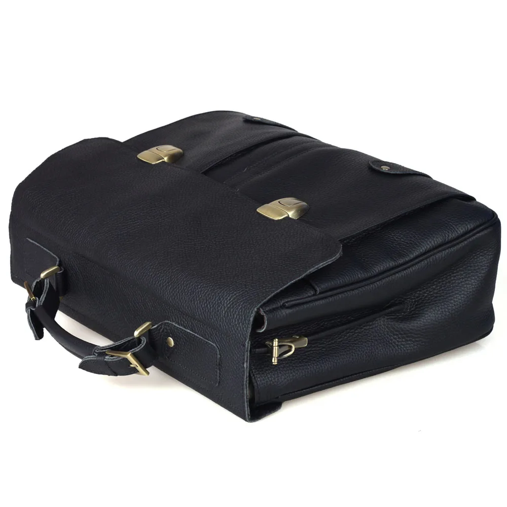TIDING Custom Logo Top Grain Genuine Leather Waterproof Soft Black Men Full Grain Cowhide Leather Office Briefcase Bags