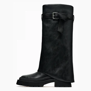 Women Black Leather Thigh High Boots Low Heel Over the Knee Comfortable Everyday Casual Winter Boots Wholesale