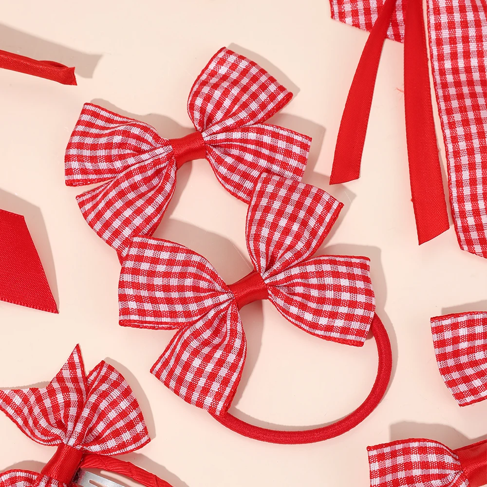 CN 10Pcs Barrette Grosgrain Ribbon Red Check Hair Bow Clip  display picture 1