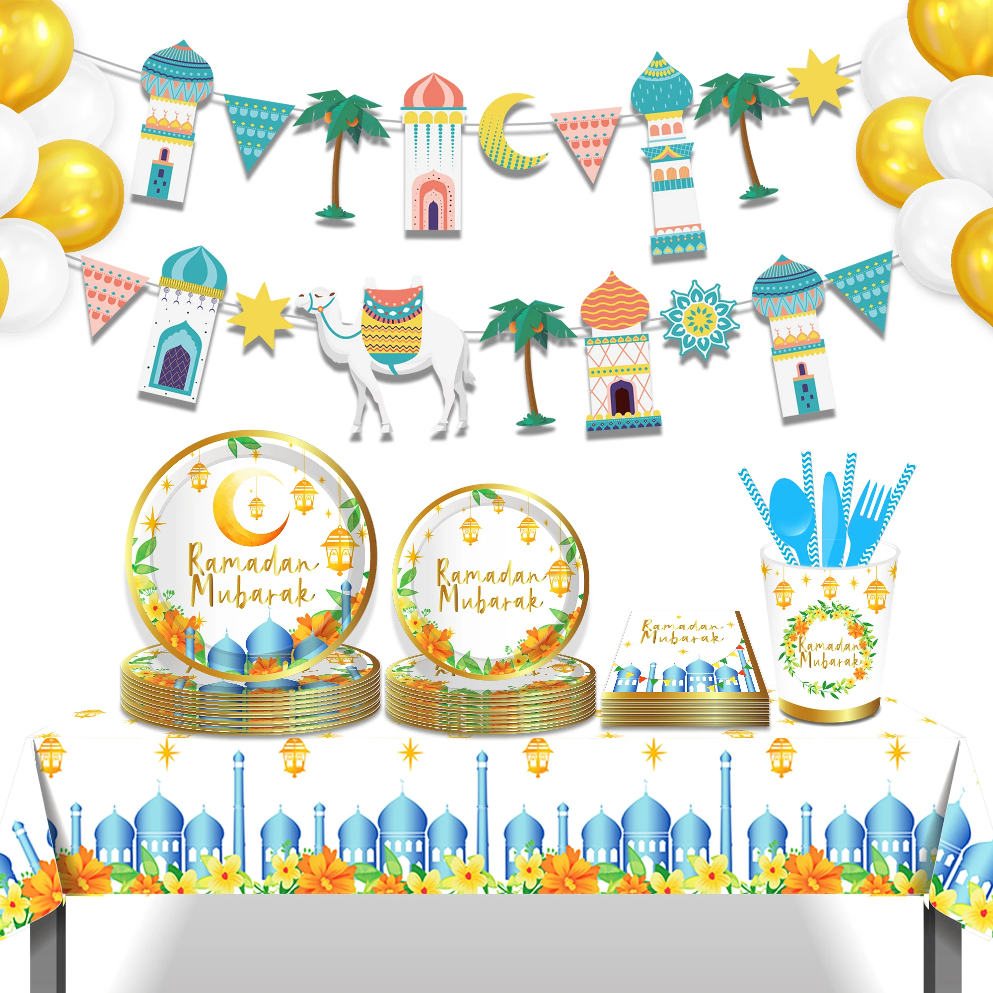 Mm164 Ramadan Mubarak Disposable Tableware Set With Paper Plates Cups