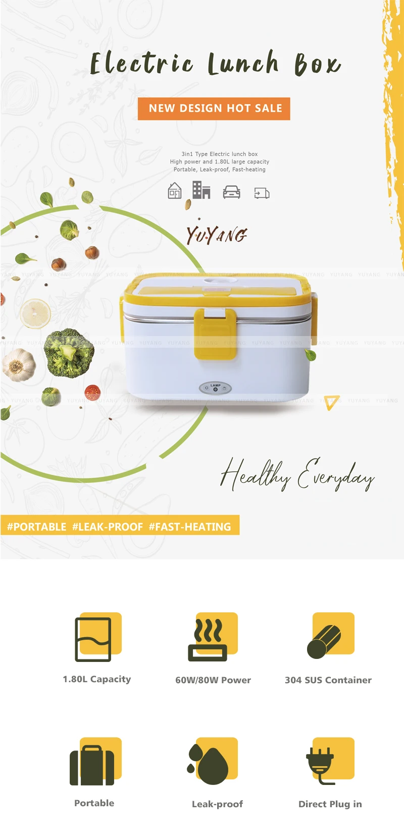 Electric Lunch Box 80w Food Heater 1.8l Larger Capacity 3in1 Portable