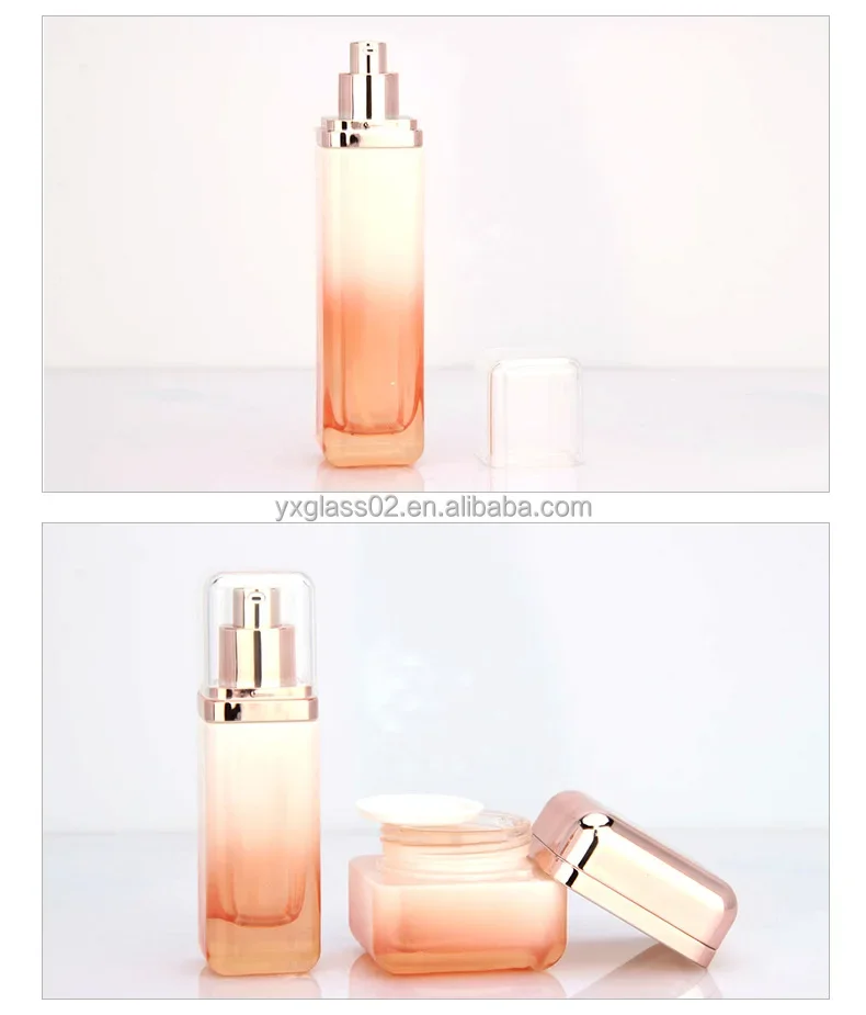 Supplier Cosmetic square glass bottle set Innovative design of rose gold cover for skincare packaging 50g40ml100ml120ml details