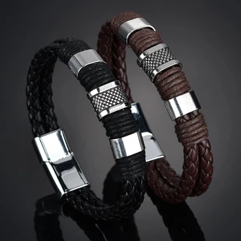 New Punk Black Brown Braid Leather Bracelets Men Cool Stainless Steel Bracelets