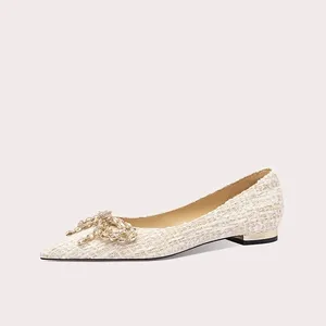 Women Wedding Shoes Luxury Bow Sequined Rhinestone Pointed-toe Wrap-toe Flat Heel Pumps for Ladies Bridal Shoes