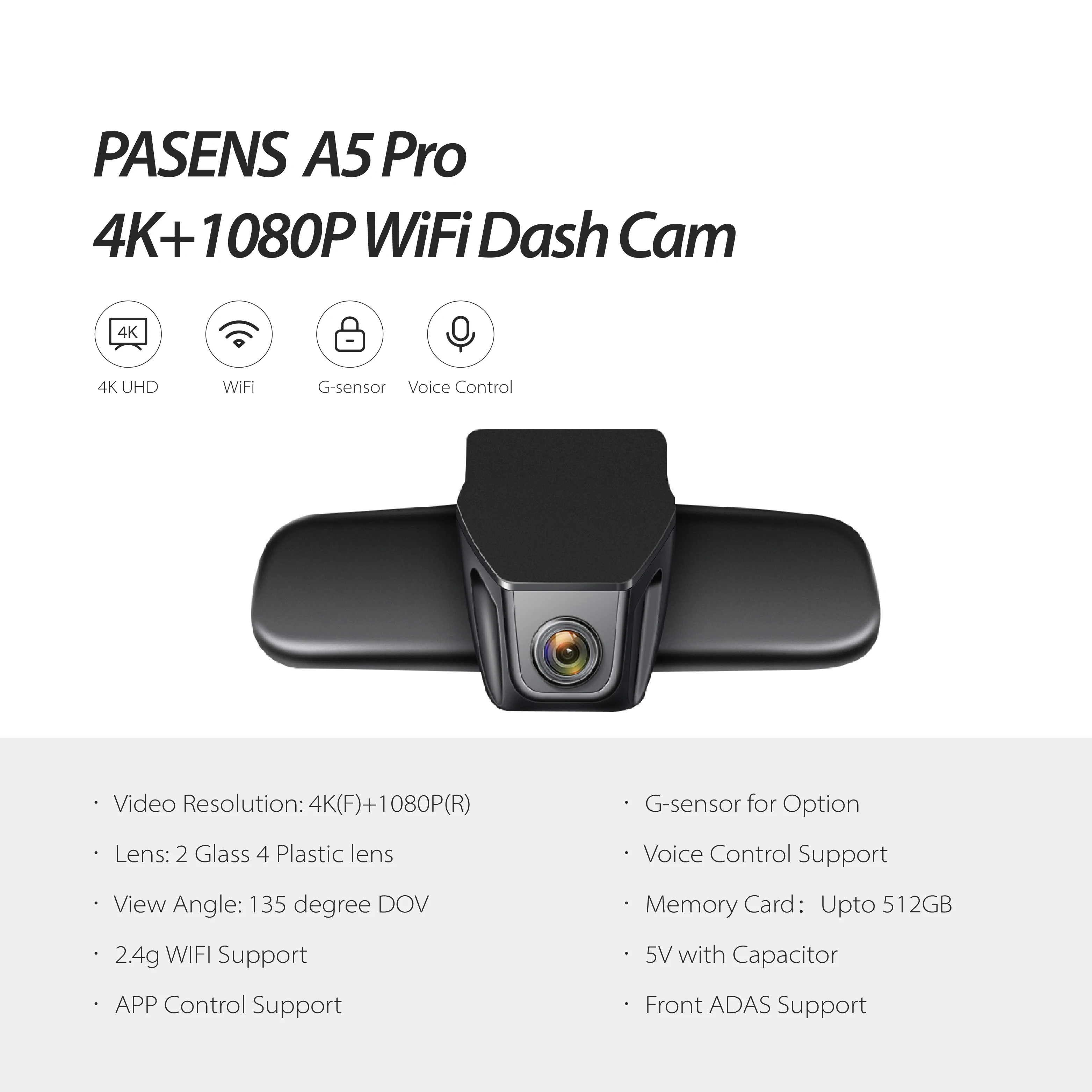 4K Dual Lens ADAS Car DVR Reverse Rear View Mirror A5 Model 135 Degree Dash Cam Recorder Black Android Screen Ford Toyota Cars