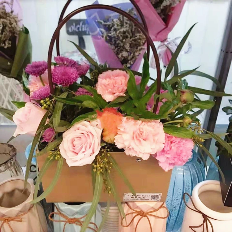 Портативная Цветочная корзина на заказ, Цветочные букеты, коричневая переноска, водонепроницаемые Цветочные художественные бумажные пакеты с ручкой
